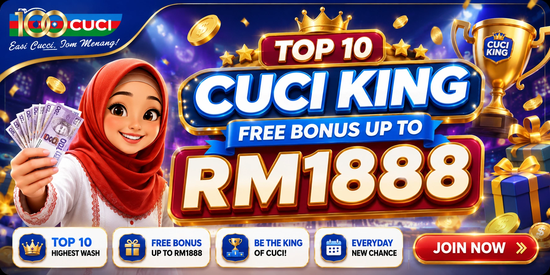 100Cuci top 10 cuci king free bonus up to RM1888 banner featuring tudung girl holding cash with jackpot reward promotion